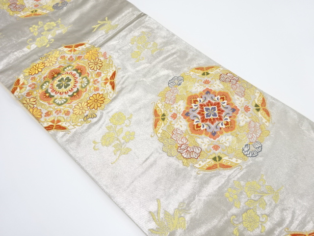 JAPANESE KIMONO / VINTAGE FUKURO OBI / SILK / PLATINUM​ FOIL / WOVEN SHOSOIN PATTERN